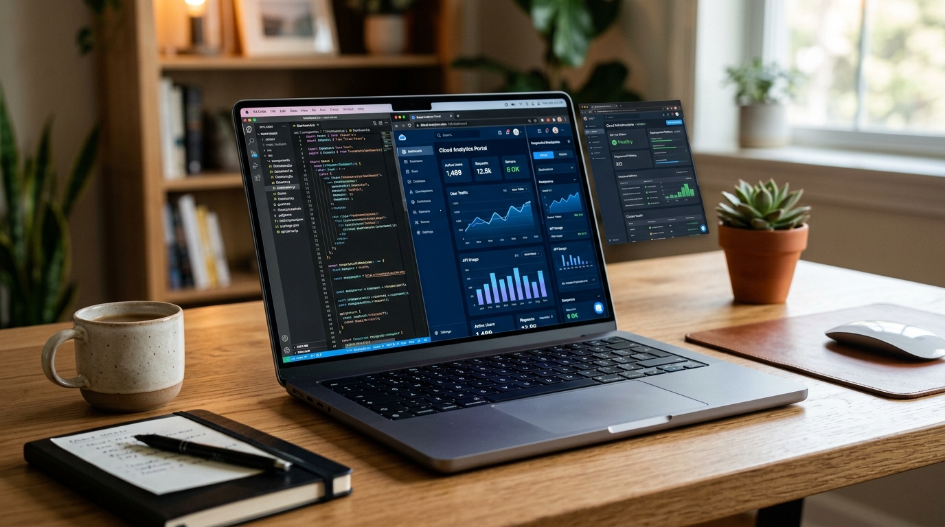 Laptop moderno com código e painel em tempo real representando inovação e agilidade