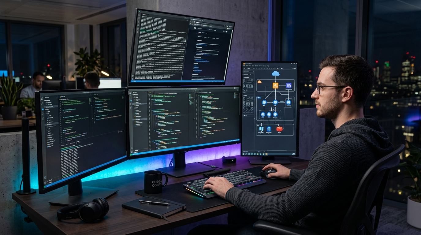 Programador trabalhando em ambiente multi-monitores de alta performance