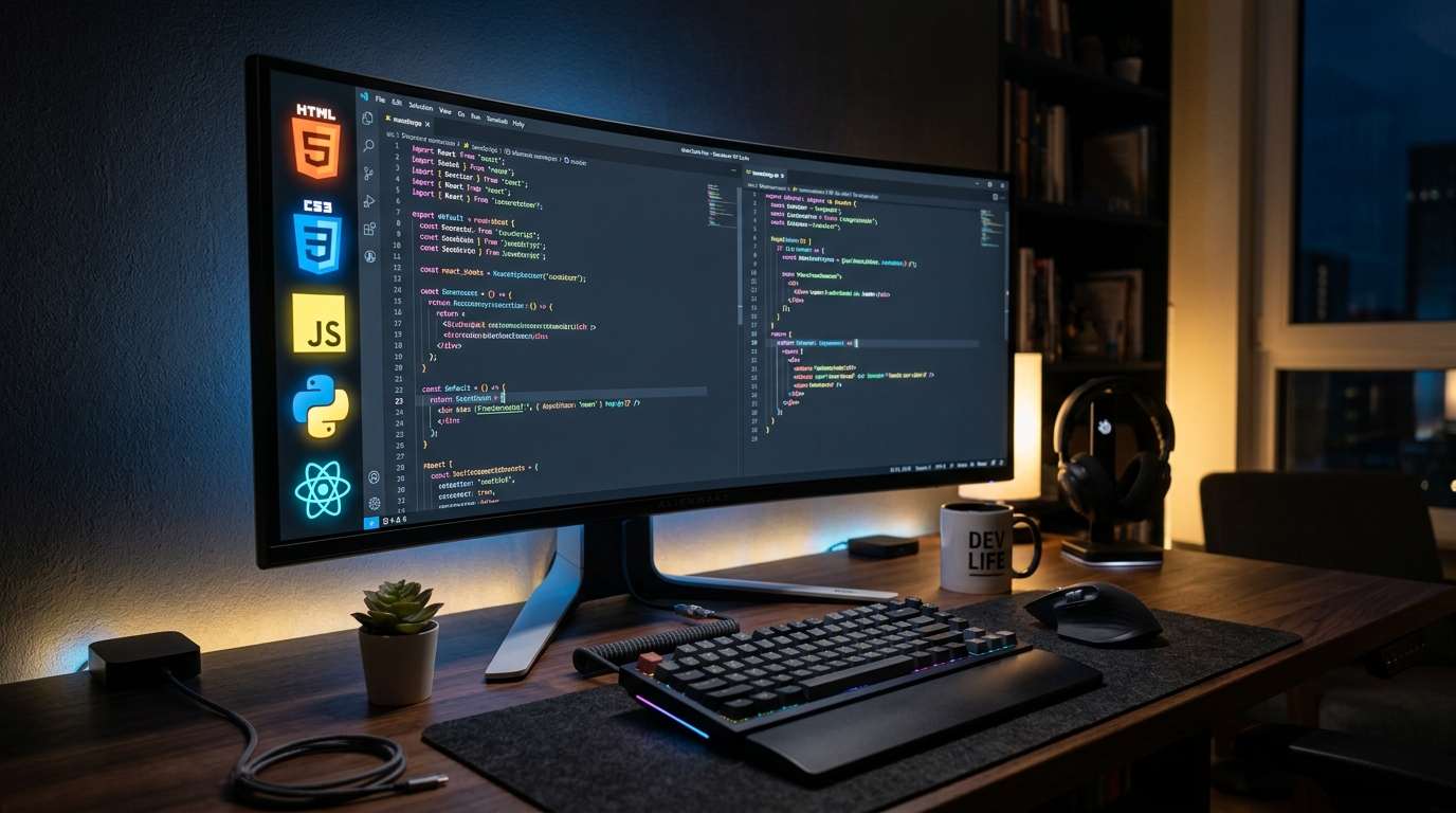 Monitor com código e logos de tecnologias HTML, CSS, JS, Python e React